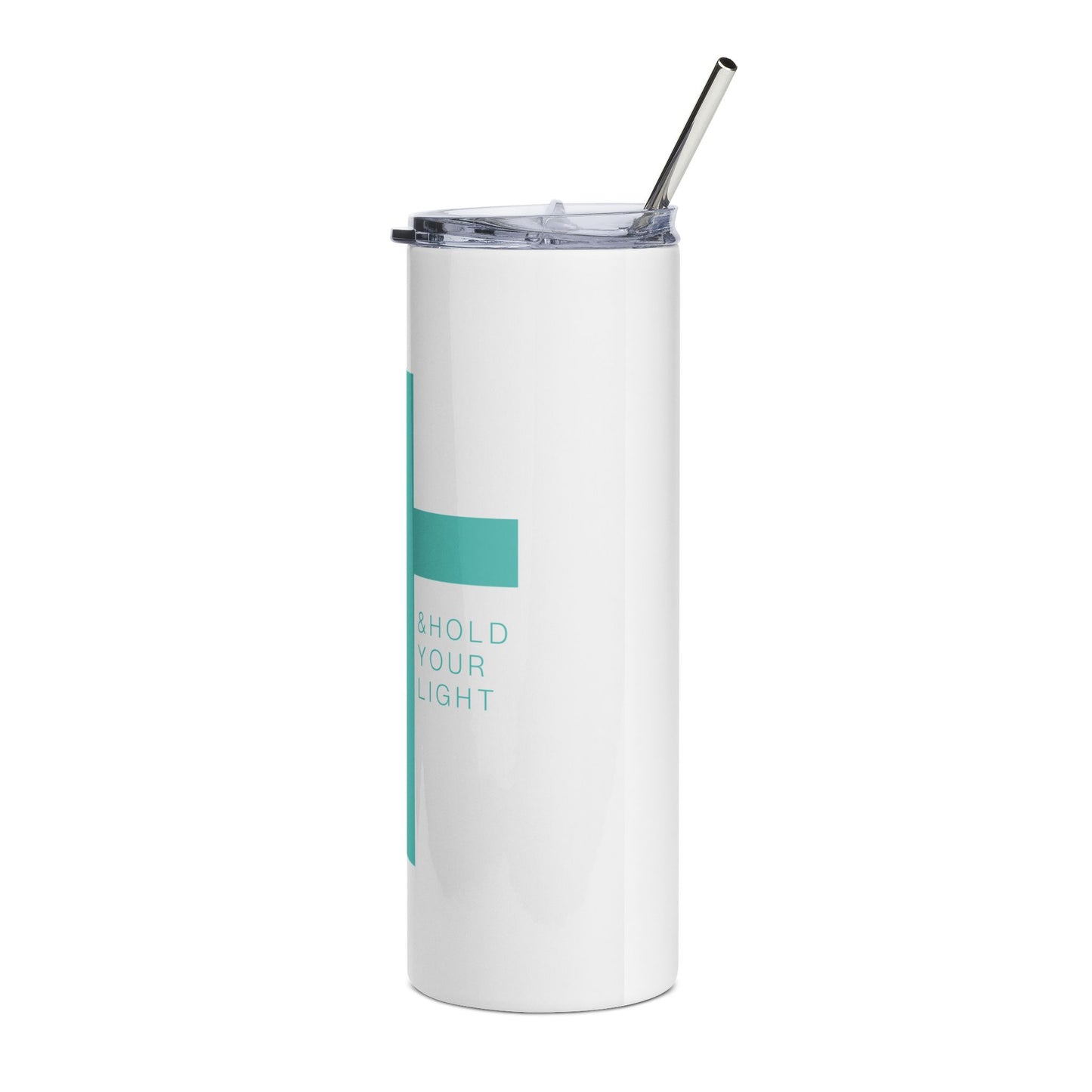 20oz Stainless Tumbler with Aqua Cross & Inspirational Text — 'Drop The Picture & Hold Your Light'