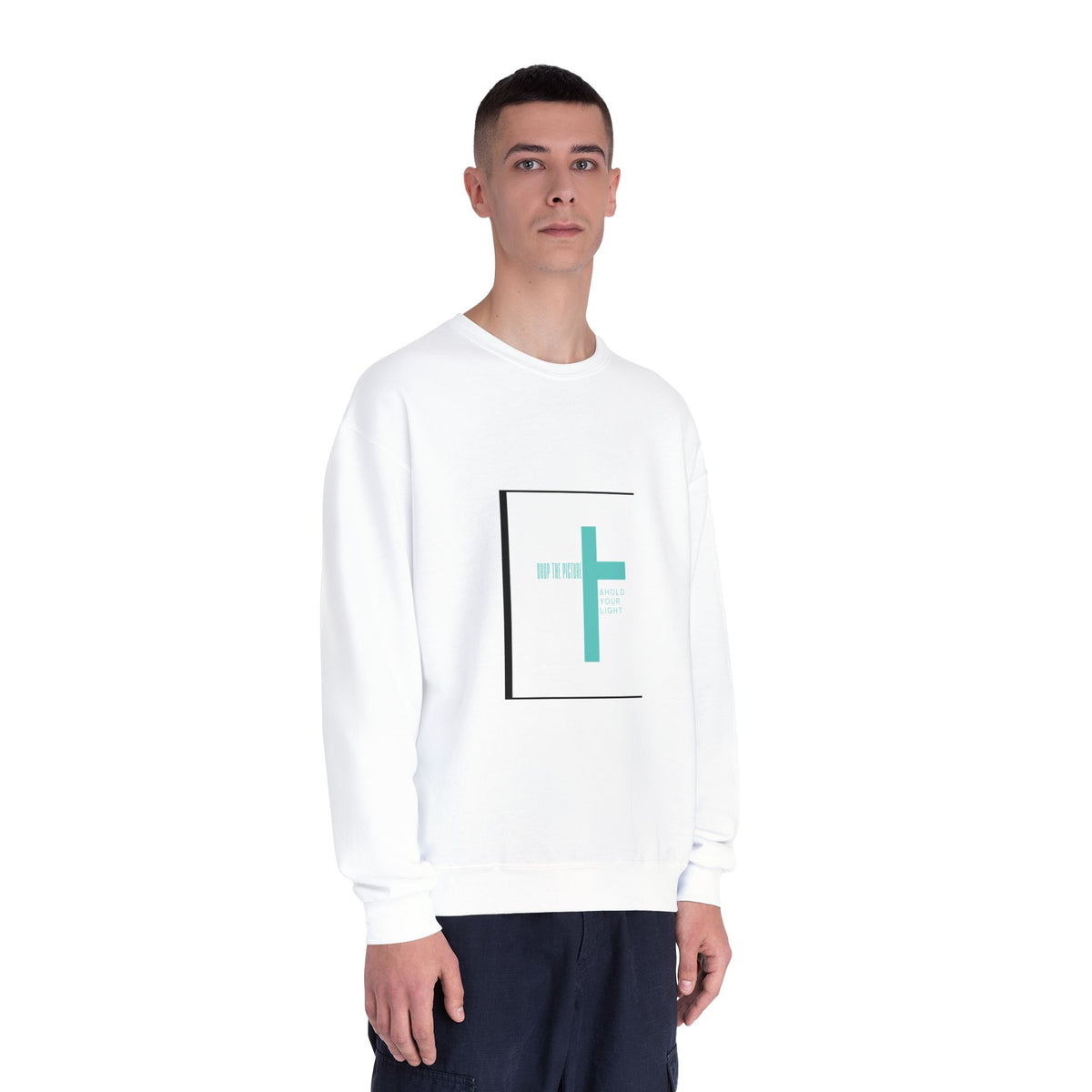 Crewneck Sweatshirt — "Hold Your Light" Minimal Black Square Graphic